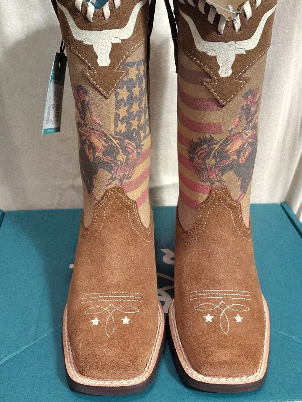 Ariat Brown Suede Western Boots with Patriotic Printed Shaft